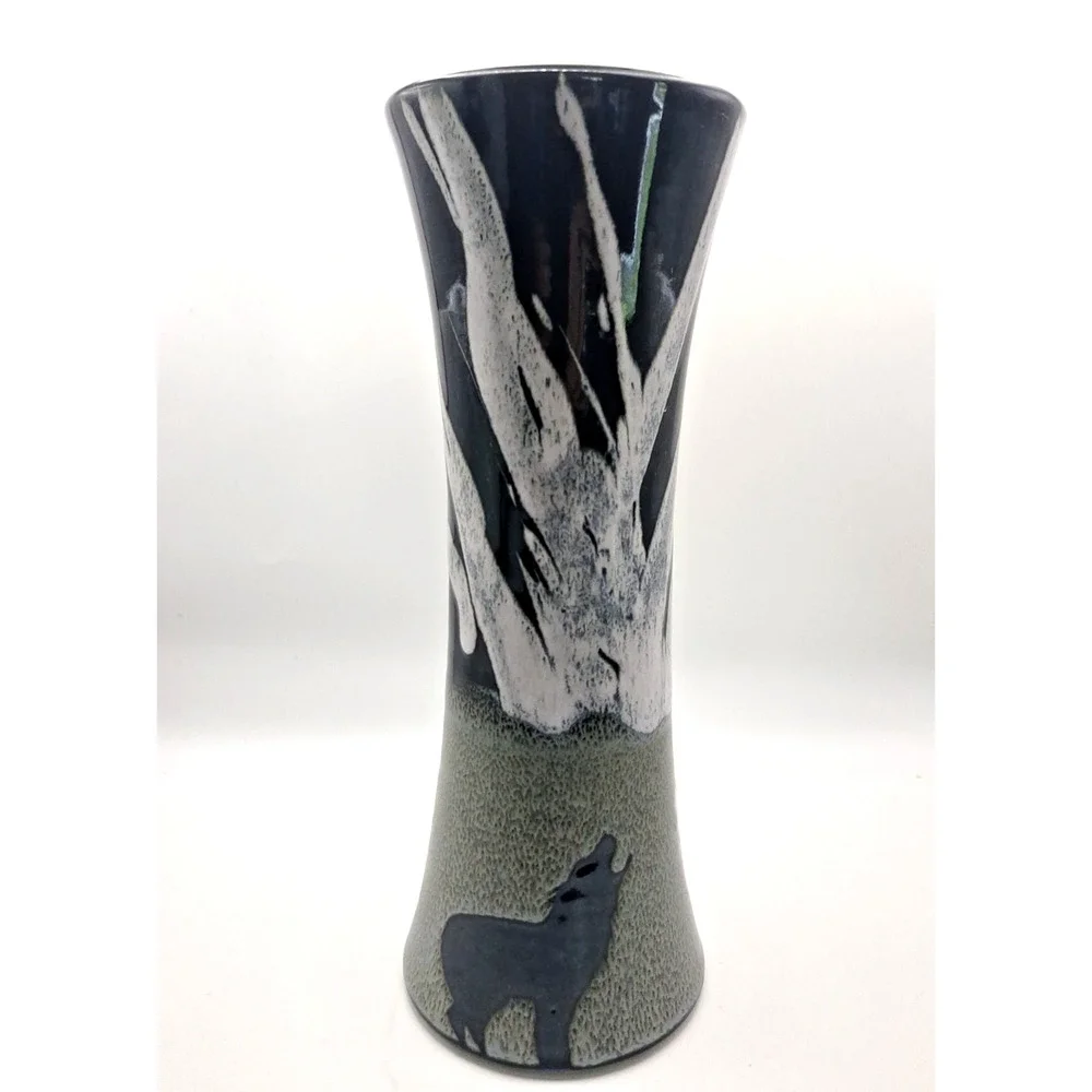 Signed Art Pottery Vase Wolf Silhouette 11